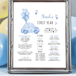 Blauwe Ballonnen en Auto 1e Verjaardag Milestone Poster