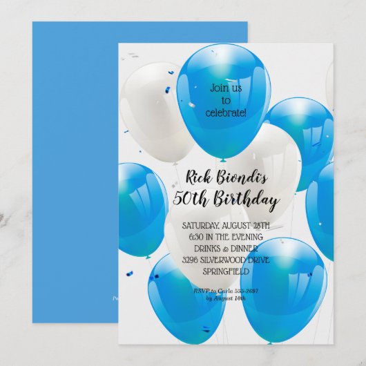 Blauwe ballonnen van Birthday Party Kaart (Voorkant / Achterkant)
