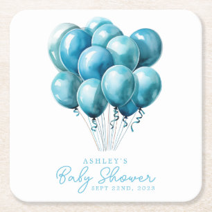 Blauwe Ballonnen Waterverf Jongens Baby Shower Vierkante Kartonnen Onderzetter