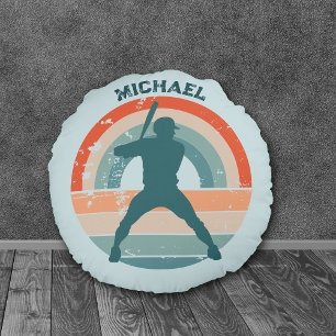 Blauwe Baseball Batter Retro Regenboog Rond Kussen