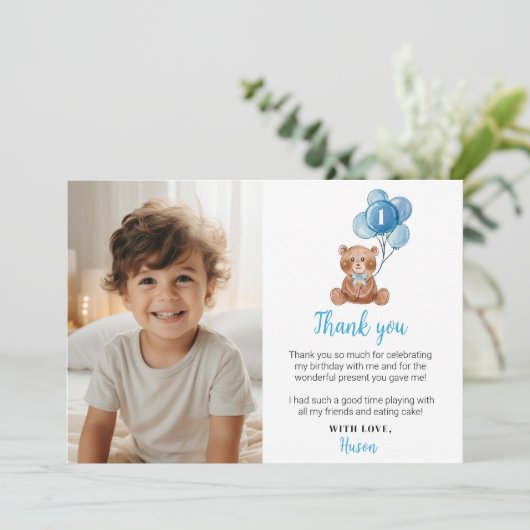 Blauwe Beer Ballon Verjaardagsfoto Bedankkaart (Staand voorkant)