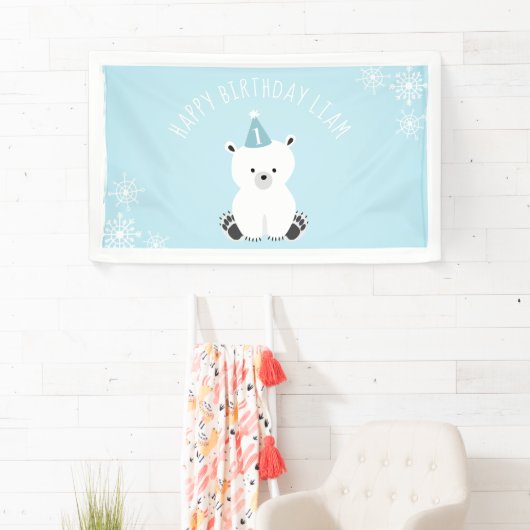 Blauwe Beer Winter Onederland 1e verjaardag Spandoek (Insitu)