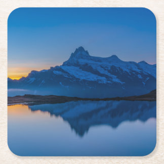 Blauwe Berg Zonsondergang Waterreflectie Vierkante Kartonnen Onderzetter