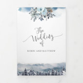 Blauwe bergen en bos, huwelijk met RSVP Drieluik Uitnodiging (Cover)