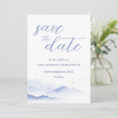 Blauwe bergen en bruiloften redden de datum kaart (Staand voorkant)