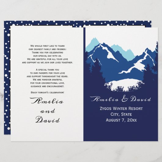 Blauwe bergen en naaldbomen gevouwen trouwprogramm (Voorkant / Achterkant)