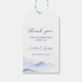 Blauwe bergen en vogels bruiloft cadeaulabel