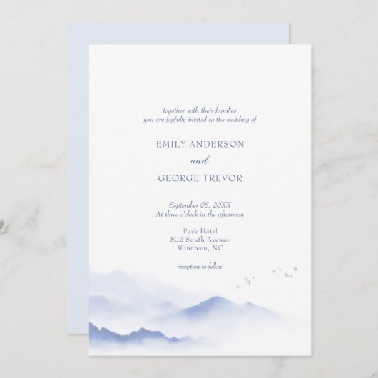 Blauwe bergen en vogels bruiloft uitnodiging (Voorkant / Achterkant)