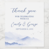 Blauwe bergen en vogels bruiloft wijn etiket (Enkel label)