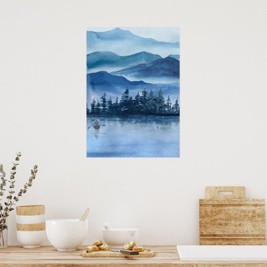 Blauwe bergen Waterverf Schilderachtig landschap Poster (Keuken)