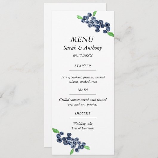 Blauwe bessen Blauw Fruit Waterverf Bruiloft Voeds Menu (Voorkant / Achterkant)