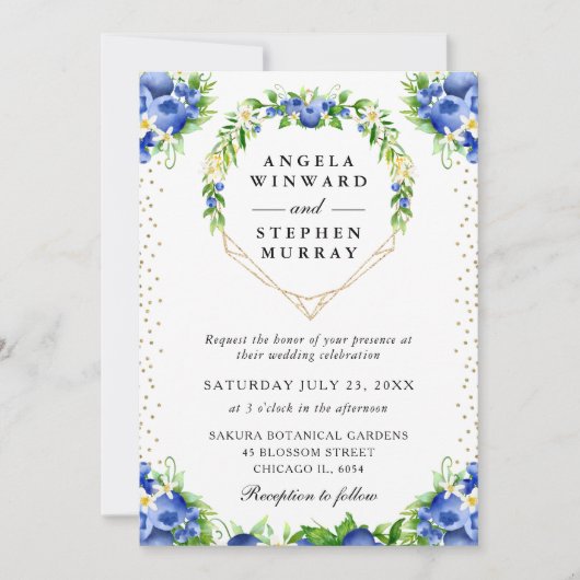 Blauwe bessen Bloemen Hart Krans Bruiloft Kaart (Voorkant)