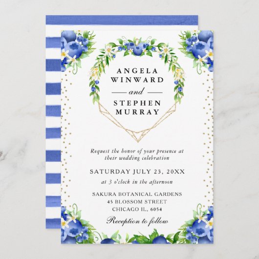 Blauwe bessen Bloemen Hart Krans Bruiloft Kaart (Voorkant / Achterkant)