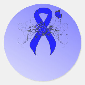 Blauwe bewustmakingslint met vlinder ronde sticker
