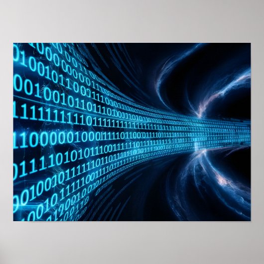 Blauwe binaire code matrix op computerscherm poster (Voorkant)