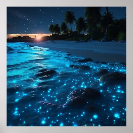 Blauwe bioluminescente strand- en palmbomen poster (Voorkant)