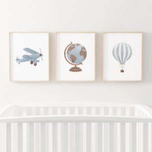 Blauwe Biplane Hete Luchtballon Reizen Kinderkamer Muurkunst Sets