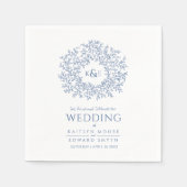 Blauwe bladcirkel monogram kunst bruiloft aangepas servet (Voorkant)