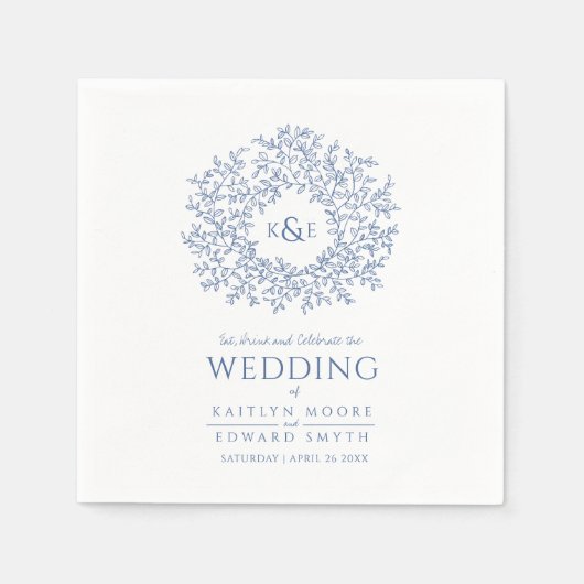 Blauwe bladcirkel monogram kunst bruiloft aangepas servet (Voorkant)