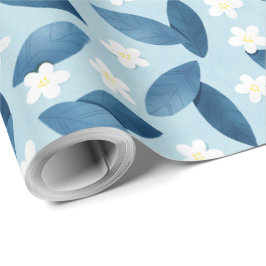 Blauwe bladeren en witte bloemen naadloos patroon cadeaupapier