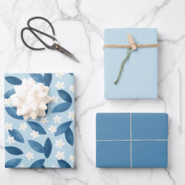 Blauwe bladeren en witte bloemen naadloos patroon inpakpapier vel