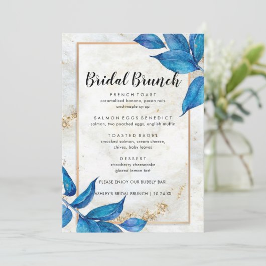 Blauwe bladeren Floral Bridal Brunch Menu (Staand voorkant)