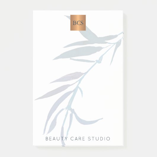 Blauwe bladeren metaalachtig goud koper monogram post-it® notes (Voorkant)