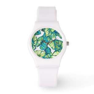 Blauwe bladeren van tropische monstera en banaanbl horloge