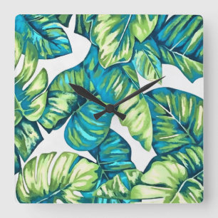 Blauwe bladeren van tropische monstera en banaanbl vierkante klok