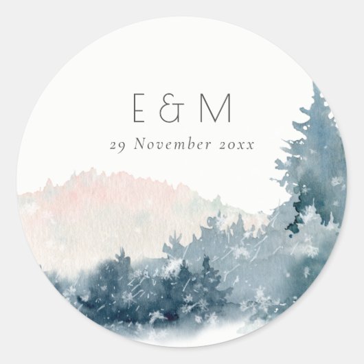 BLAUWE BLAUWE MOUNTAINES PINE MONOGRAM WEDDING RONDE STICKER (Voorkant)