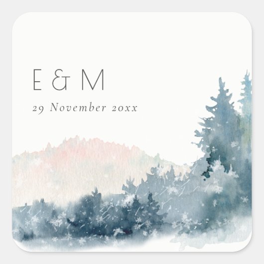 BLAUWE BLAUWE MOUNTAINES PINE MONOGRAM WEDDING VIERKANTE STICKER (Voorkant)