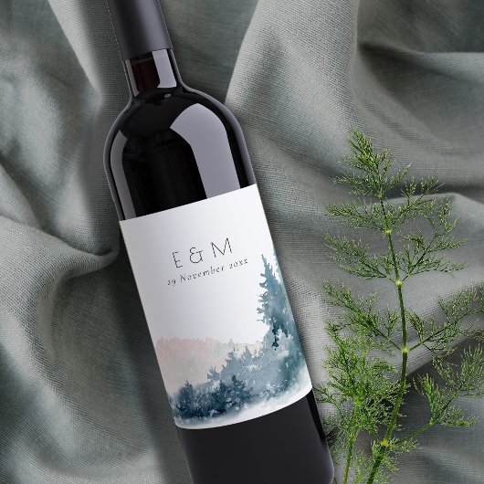BLAUWE BLAUWE MOUNTAINES PINE MONOGRAM WEDDING WIJN ETIKET