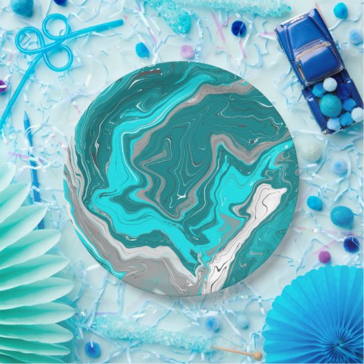 Blauwe, Blauwgroen en turquoise marmer fluid Art Papieren Bordje (Feest)