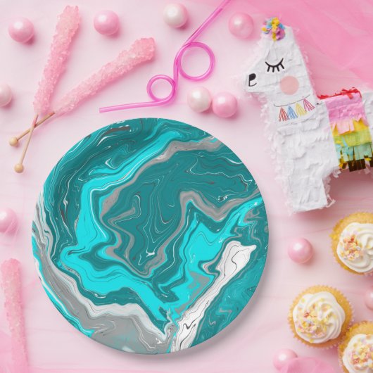 Blauwe, Blauwgroen en turquoise marmer fluid Art Papieren Bordje (Feest)