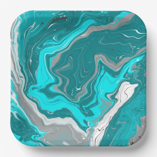 Blauwe, Blauwgroen en turquoise marmer fluid Art Papieren Bordje (Voorkant)
