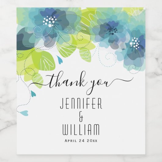 Blauwe, blauwgroen etherbloemen kalligrafie bruilo wijn etiket (Enkel label)