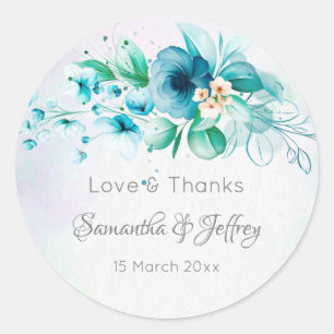 Blauwe blauwgroen groene bloemen florale huwelijks ronde sticker