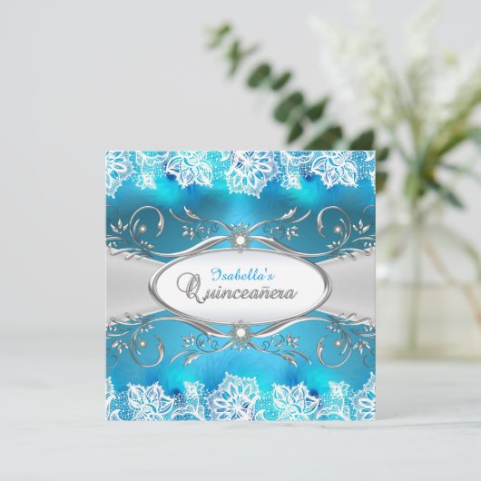 Blauwe Blauwgroen kant en zilver Lijst Quinceanera Kaart (Staand voorkant)