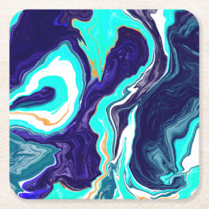 Blauwe Blauwgroen oceaanzwemmen Marmer Fluid Art Vierkante Kartonnen Onderzetter