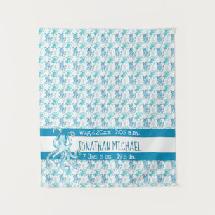 Blauwe & Blauwgroen Octopus Baby's Naam Geboortest Wandkleed