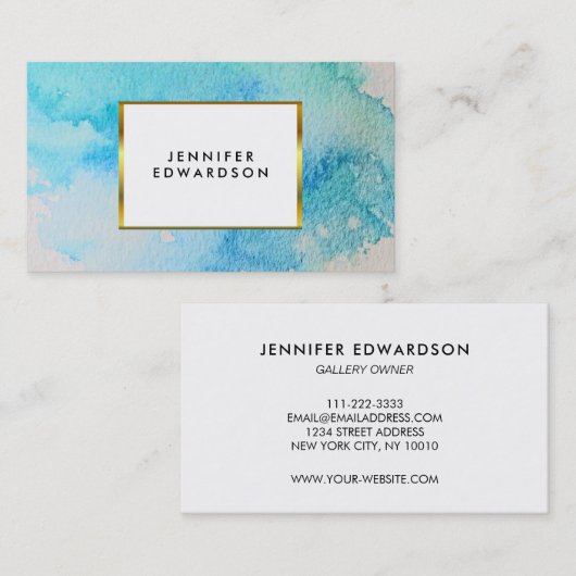 Blauwe blauwgroen waterverf spatten goud elegant visitekaartje (Voorkant / Achterkant)