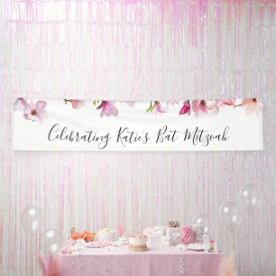 Blauwe bloem Bat Mitzvah-vieringbanner Spandoek