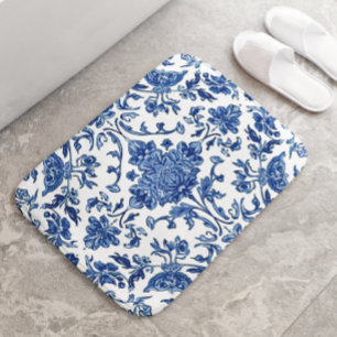 Blauwe Bloem Chinoiserie Witte Waterverf Badmat