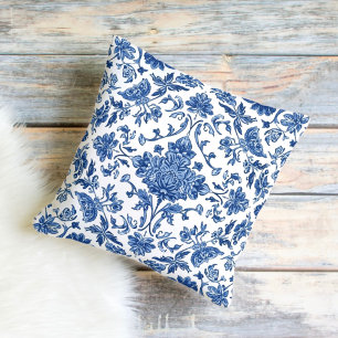 Blauwe Bloem Chinoiserie Witte Waterverf Kussen