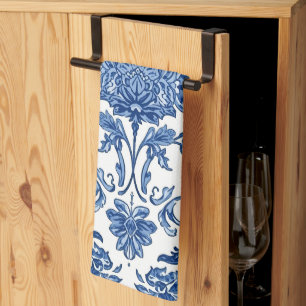 Blauwe Bloem Chinoiserie Witte Waterverf Theedoek