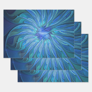 Blauwe Bloem Fantasie Patroon, Abstracte Fractale Inpakpapier Vel
