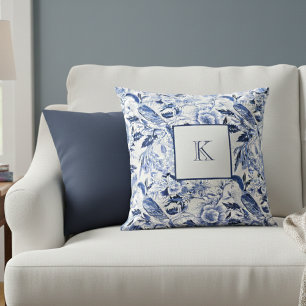 Blauwe Bloem Franse Landelijke Monogram Kussen