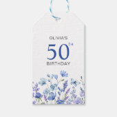 Blauwe bloem gepersonaliseerde 50e verjaardag cadeaulabel (Voorkant)