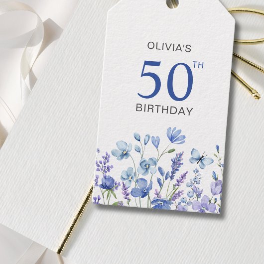 Blauwe bloem gepersonaliseerde 50e verjaardag cadeaulabel