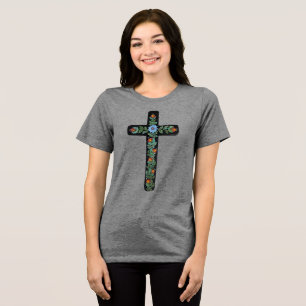 Blauwe bloem geschilderd kruis Tri-Blend shirt